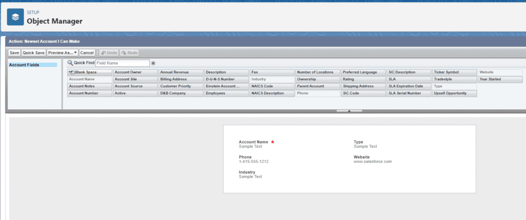 Screenshot of Salesforce Global Actions page layout.