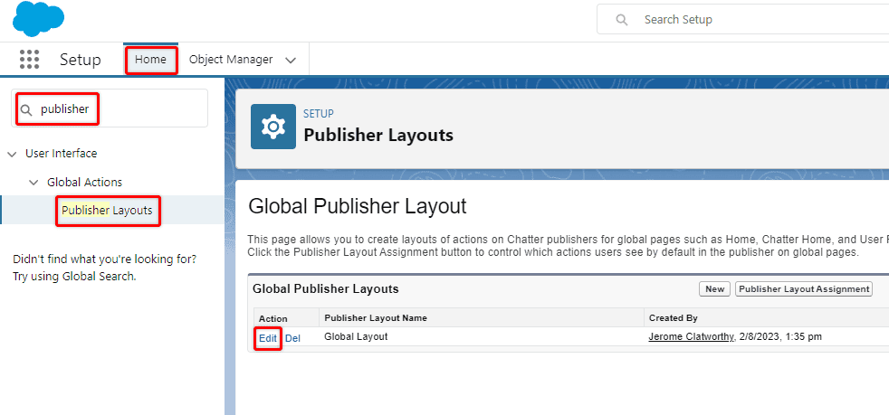 Screenshot of Salesforce Global Publisher Layout list.