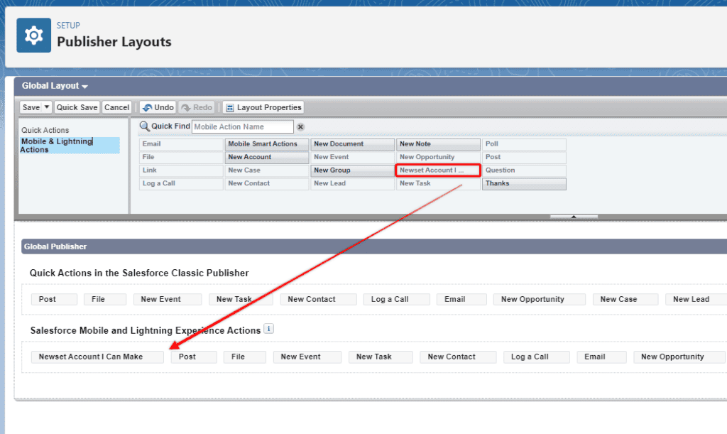 Screenshot of Salesforce Global Publisher Layout configuration screen.