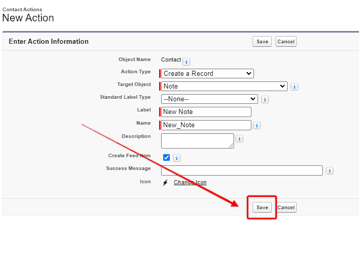 Screenshot of the Salesforce 'New Action' setup screen with the 'Save' button highlighted.