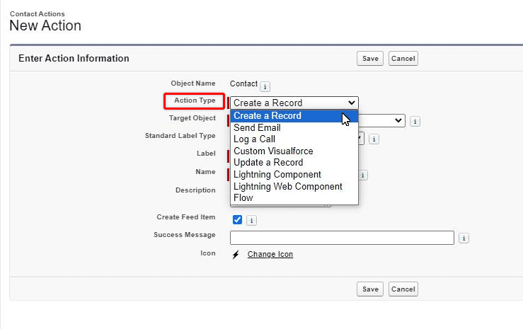Screenshot of the Salesforce 'New Action' setup screen.