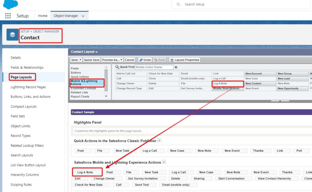 Screenshot of Salesforce Object Manager page layout setup screen.