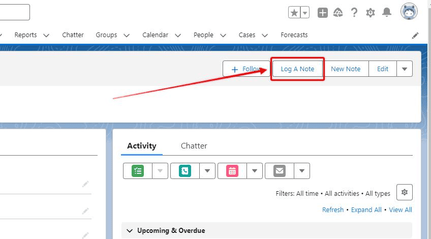 Screenshot of Salesforce Record Page with 'Log a Note' button highlighted.