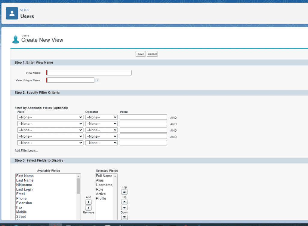 Screenshot of creating a new user list view in Salesforce.