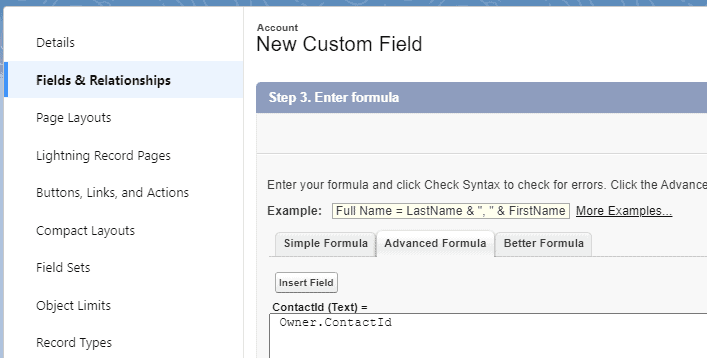 Screenshot of Salesforce Object manager with 'Fields and Relationships' selected.