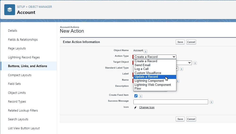 Screenshot of Salesforce Object Manager 'New Action' screen.