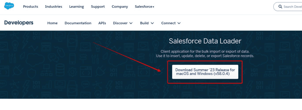 Screenshot of Salesforce Data Loader download website.