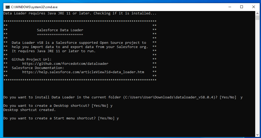 Screenshot of Data Loader installation prompts.