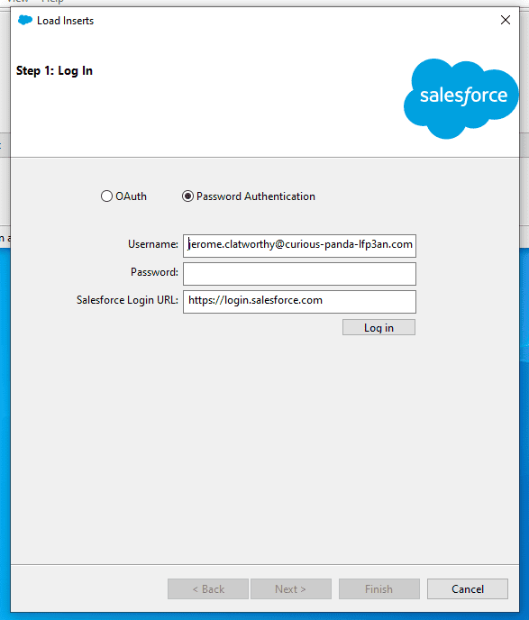 Screenshot of Salesforce Data Loader login screen.