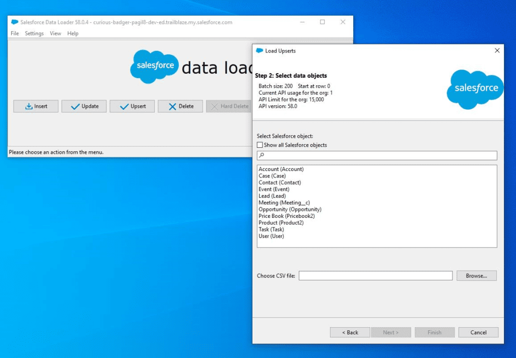 Screnshot of Salesforce Data Loader object selection screen.