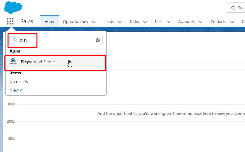 Screenshot of Salesofrce UI with App Launcher selected 'play' typed into the search bar.