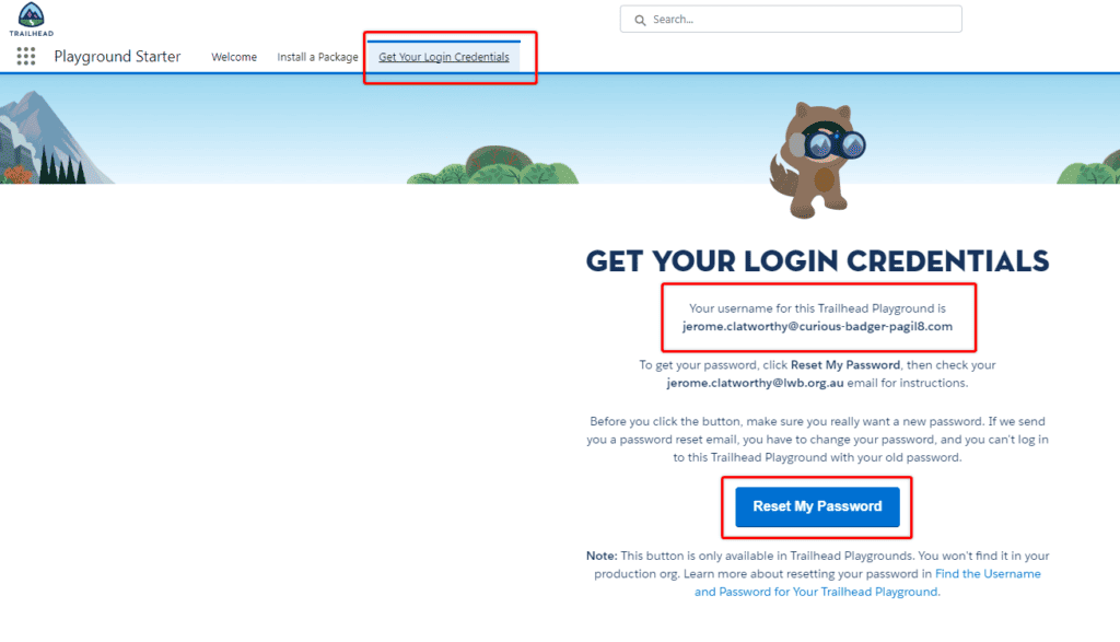 Screenshot of the Salesforce Playground Starter App login credentials page. 