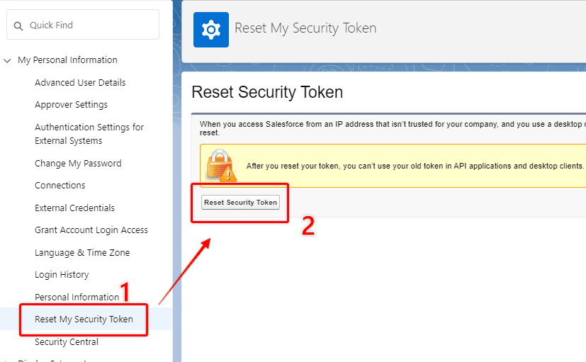 Screenshot of Salesforce Setup page with 'Reset My Security Token' menu item selected.