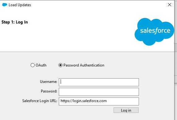 Screenshot of Salesforce Data Loader login screen.