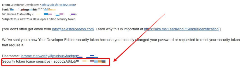 Screenshot of Salesforce 'Reset Security Token' email.