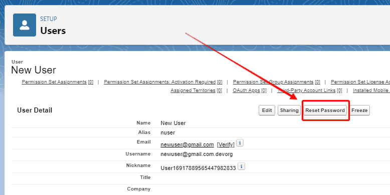 Screenshot of Salesforce user profile with 'Reset Password' button highlighted.