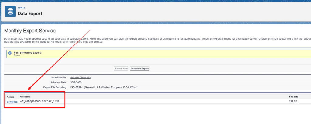 Screenshot of Salesforce Data Export ZIP file ready for download with the file name highlighted.