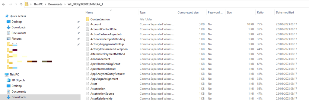 Screenshot of Windows Explorer with a Salesforce Data Export ZIP file extracted.