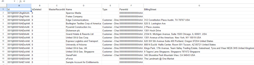 Screenshot of Micrsosft Excel viewing a CSV file.