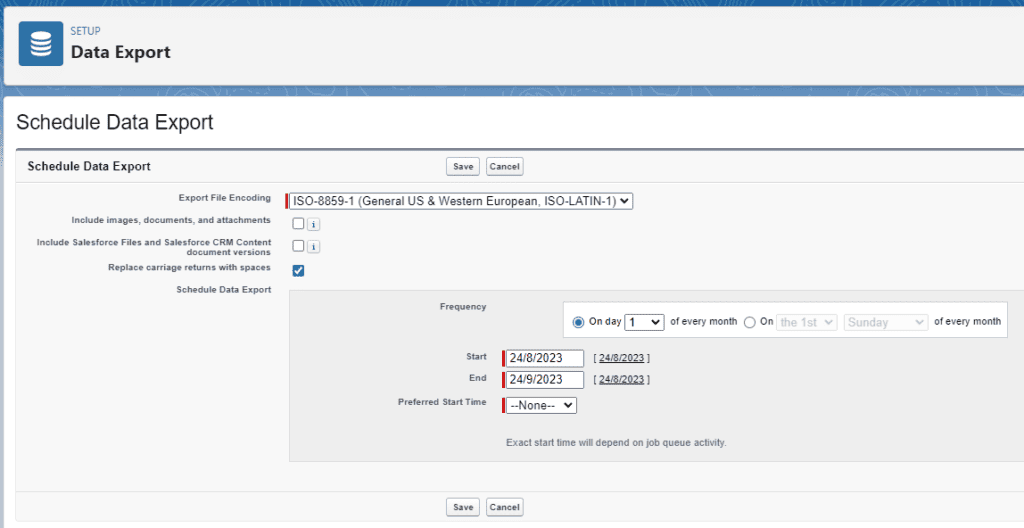 Screenshot of Salesforce Schedule Data Export screen. 