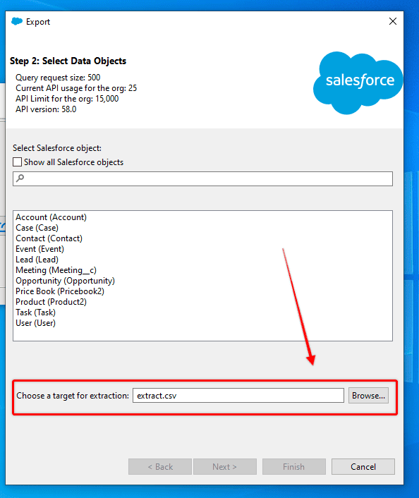 Screenshot of Salesforce data loader export configuration screen.