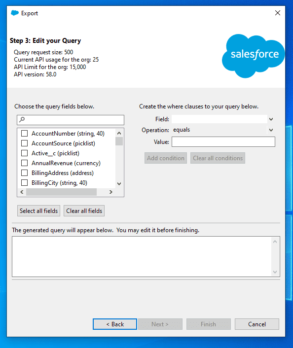 Screenshot of Salesforce Data Loader export SOQL configuraiton screen.