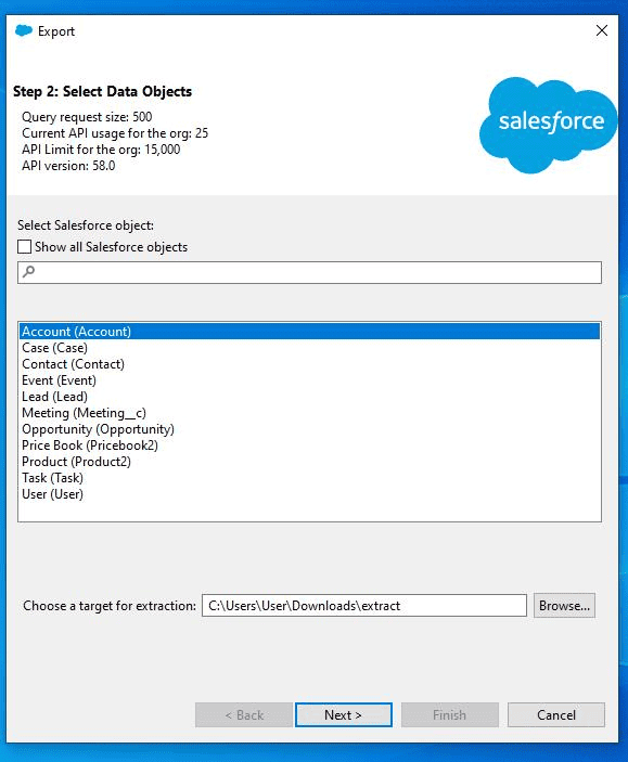 Screnshot of Salesforce Data Loader Object selection screen.