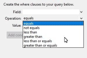 Screenshot of Salesforce Data Loader query filtering options.