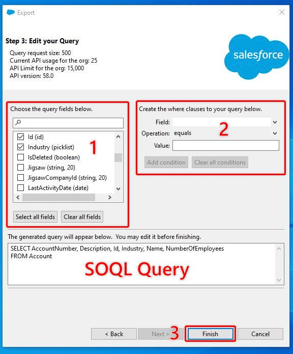 Screenshot of Salesforce Data Loader SOQL Query edit screen.