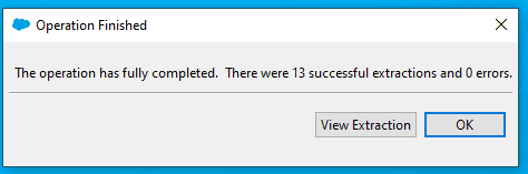 Screenshot of Salesforce Data Loader export completion screen.