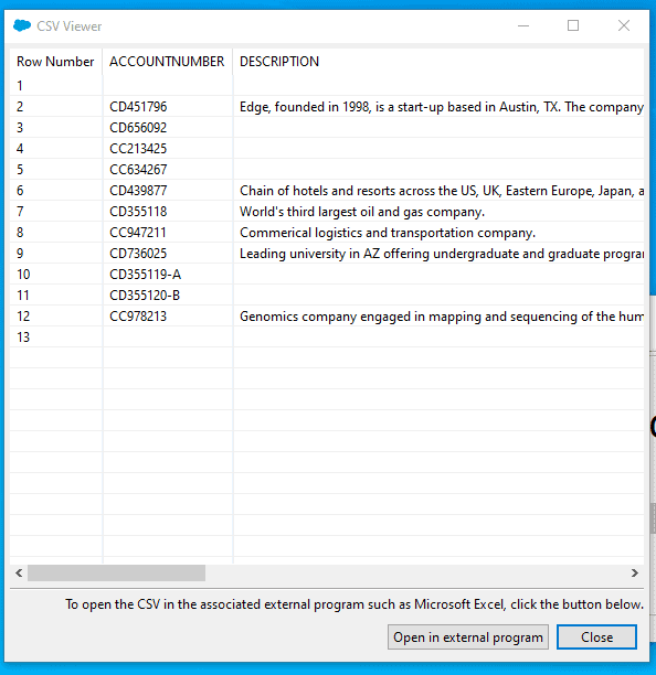 Screenshot of Salesforce Data Loader exported record viewer.