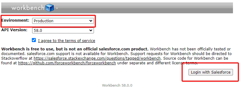 Screenshot of Salesforce Workbench Environment (Org Type) selection screen.
