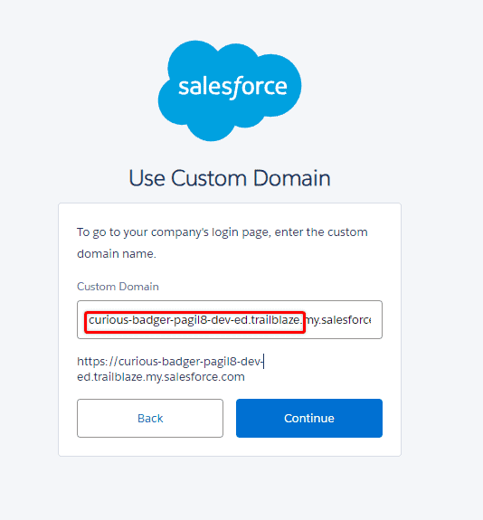 Screenshot of Salesforce Workbench Custom Domain screen.