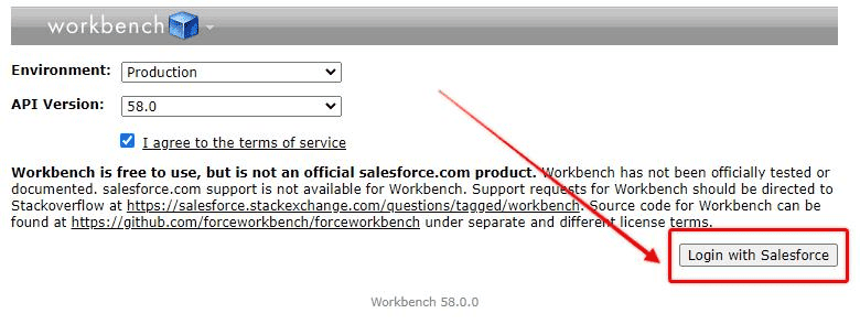 Screenshot of Salesforce Workbench login screen.