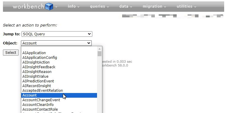 Screenshot of Salesforce Workbench object selection screen.