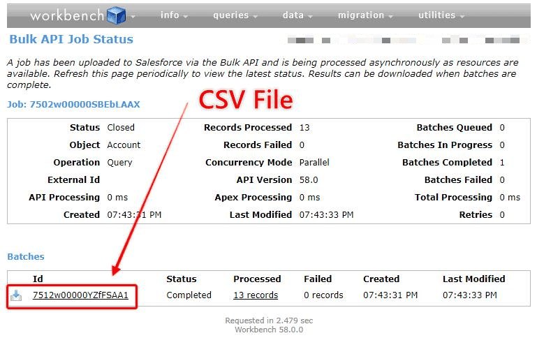 Screenshot of Salesforce Workbench job completion screen with the CSV report name highlighted. 