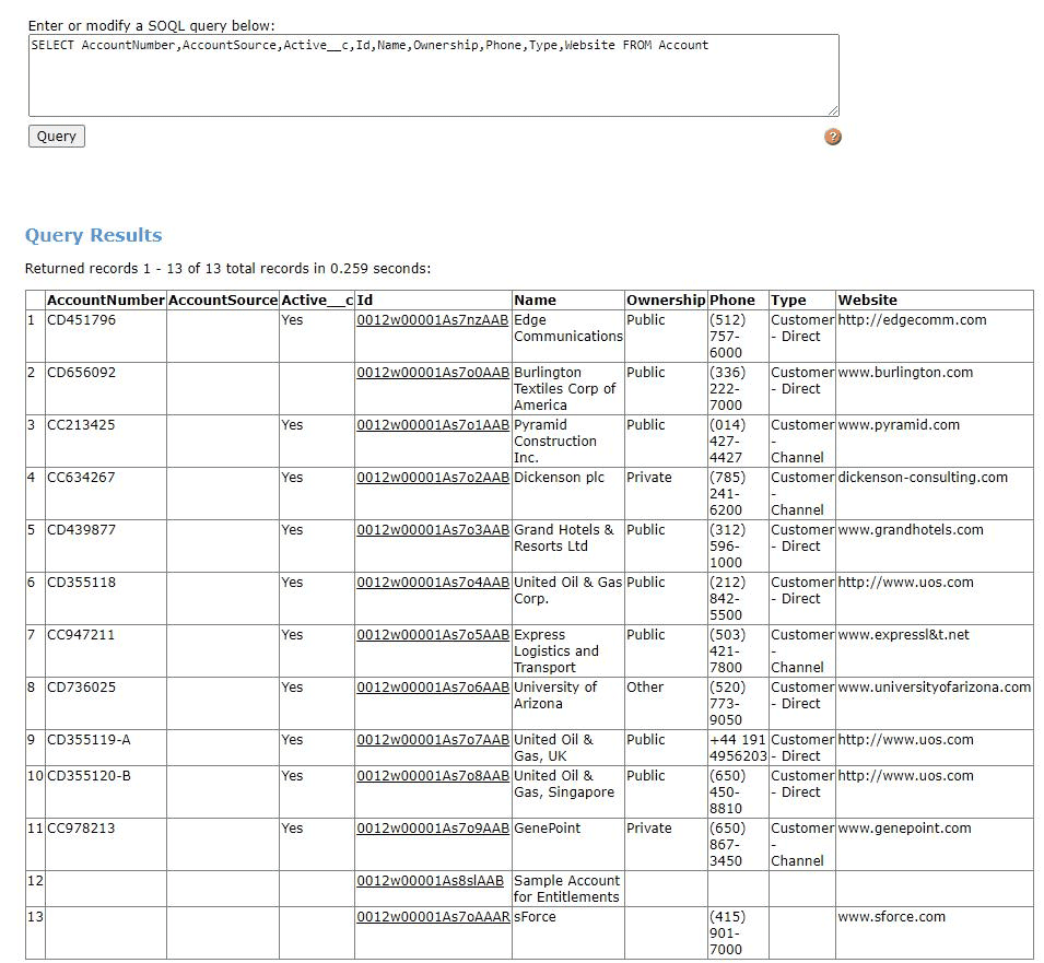 Screenshot of Salesforce Workbench SOQl Query output list of records.