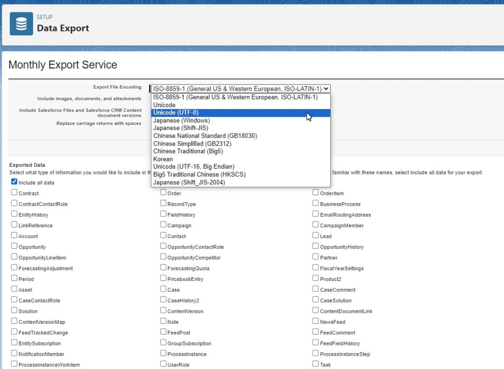 Screenshot of Salesforce Data Export configuration screen.