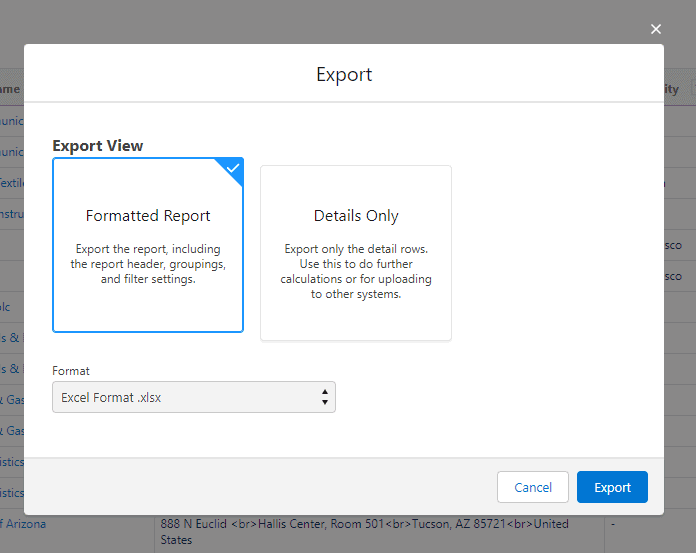 Screenshot of Salesforce Report Export file type selection screen.