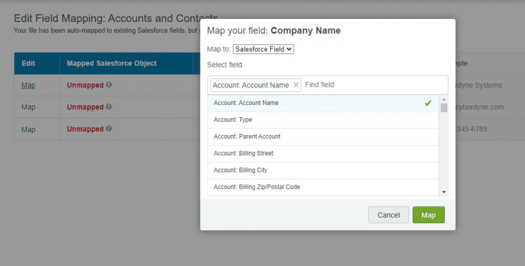 Screenshot of Salesforce Data Import Wizard field mapping screen.