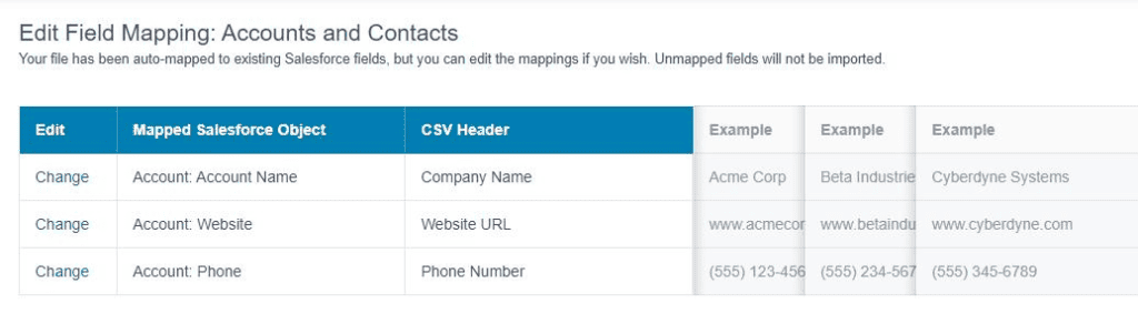 Screenshot of Salesforce Data Import Wizard field mapping confirmation screen.