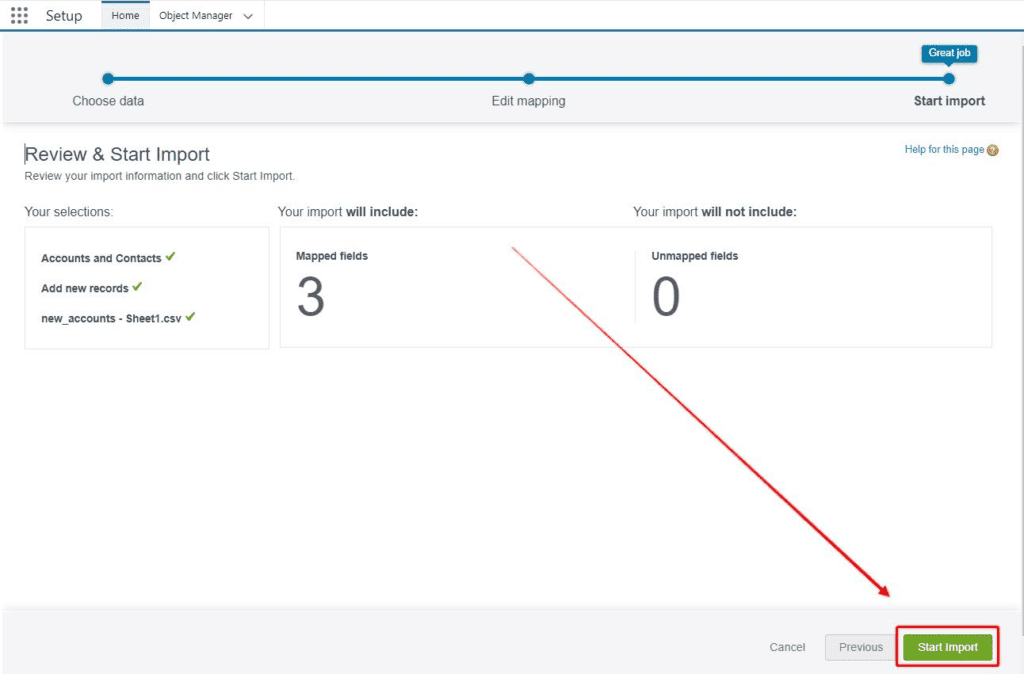 Screenshot of Salesforce Data Import Wizard R'eview & Start Import' screen.