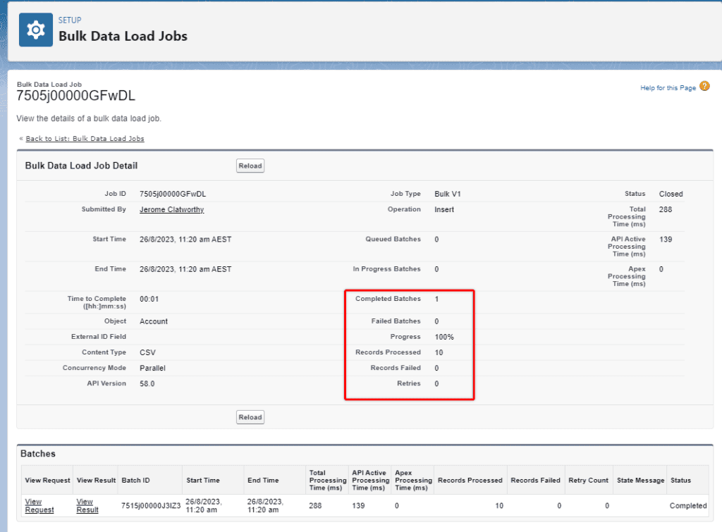 Screenshot of Salesforce Data Import Wizard job detail screen.