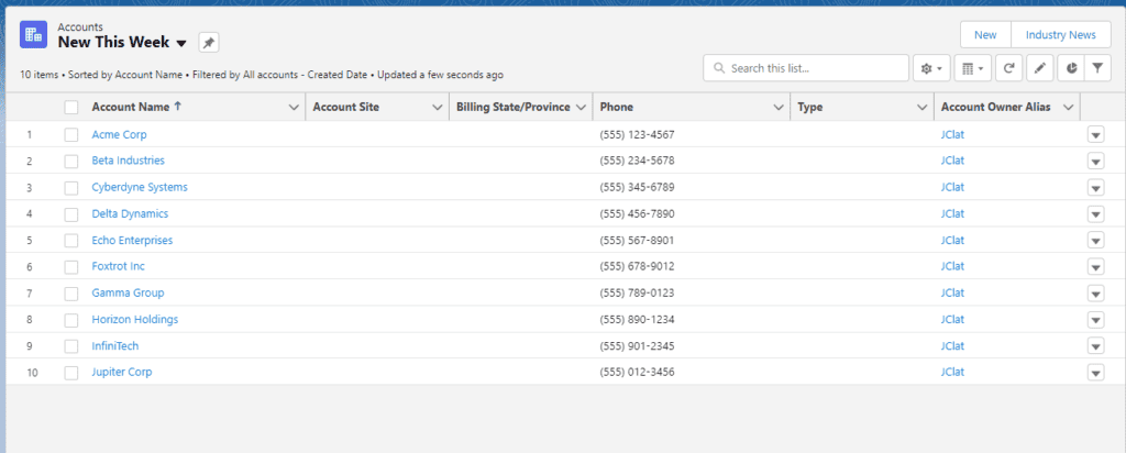 Screenshot of Salesforce Account object list view.