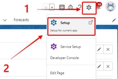Screenshot of gear icon in Saleforce UI to open the Setup Area.