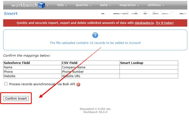 Screenshot of Salesforce Workbench field mapping summary.