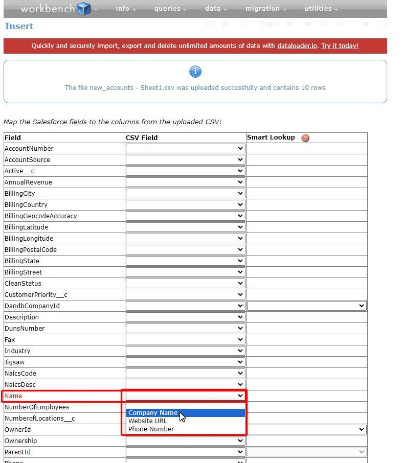 Screenshot of Salesforce Workbench Import file field mapping screeing