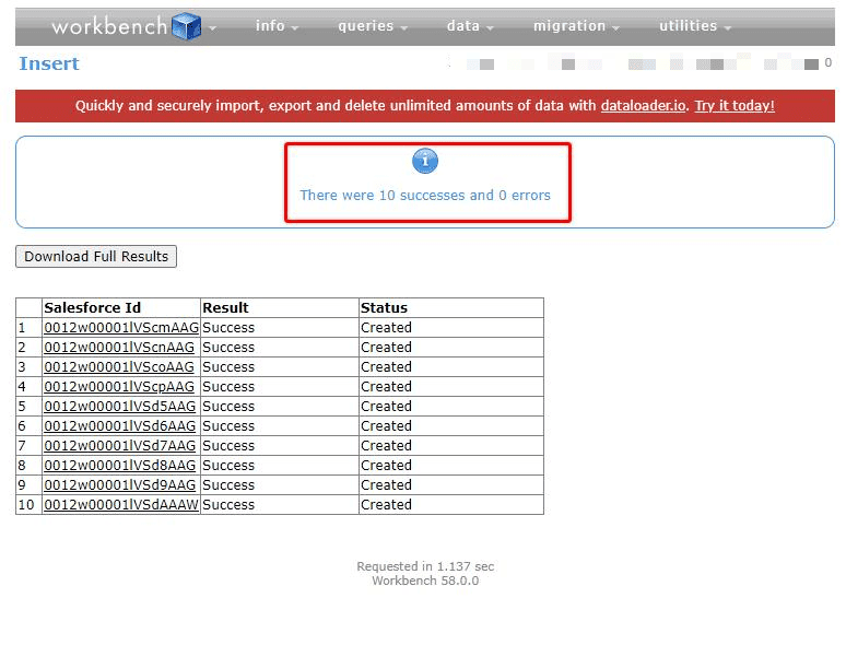 Screenshot of Salesforce Workbench import completion screen.