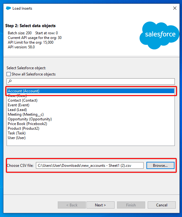 Screenshot of Salesforce Data Loader Object selection screen.