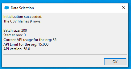 Screenshot of Salesforce Data Loader Data Selection confirmation screen.